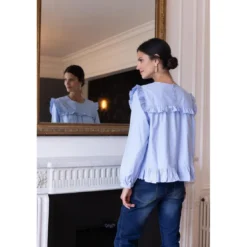 3S. x Le VestiaireBlouse à volants manches longues femme 3 SUISSES COLLECTION bleu en coton
