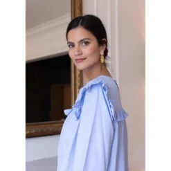 3S. x Le VestiaireBlouse à volants manches longues femme 3 SUISSES COLLECTION bleu en coton