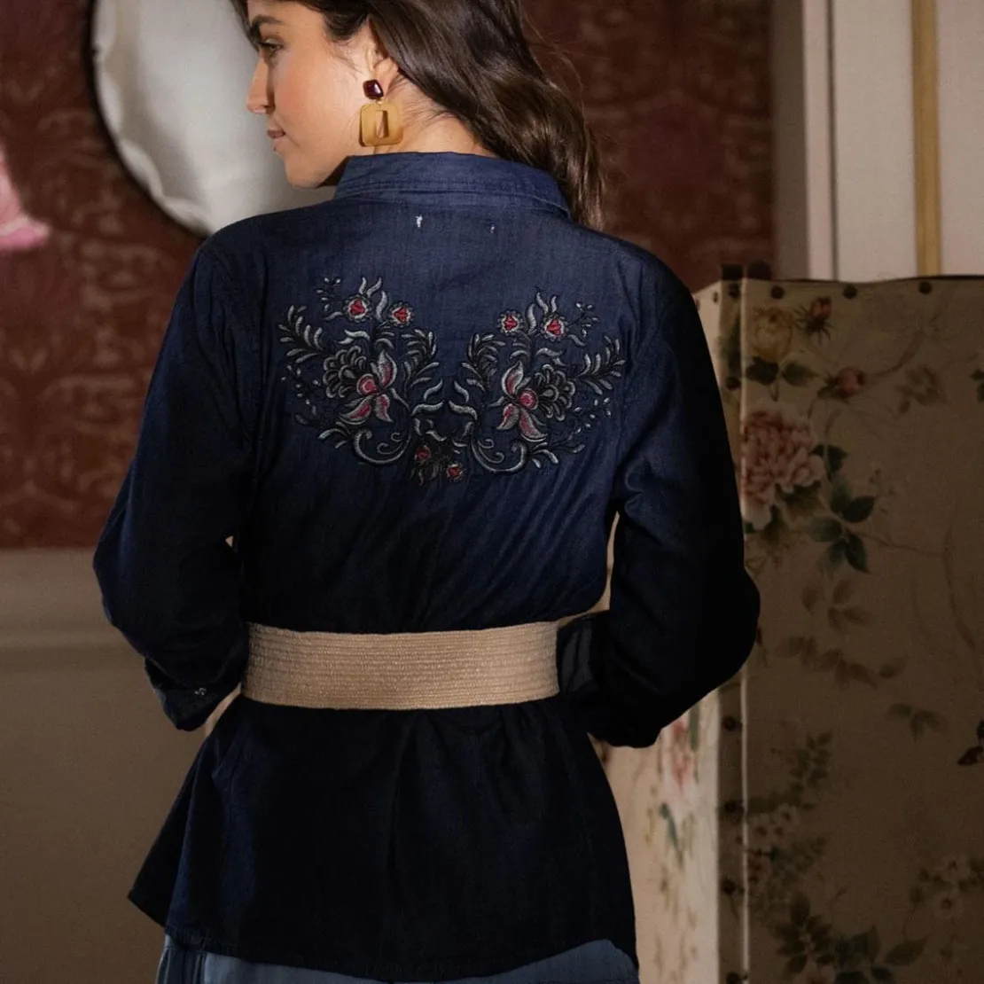 3S. x Le VestiaireChemise en jean avec pressions manches longues broderie dos femme - bleu foncé