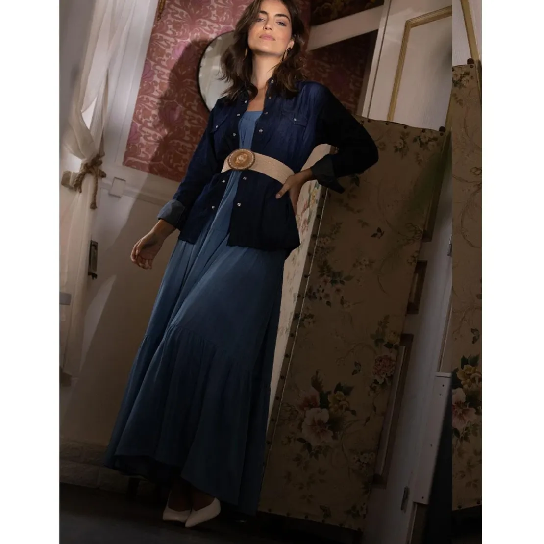 3S. x Le VestiaireChemise en jean avec pressions manches longues broderie dos femme - bleu foncé