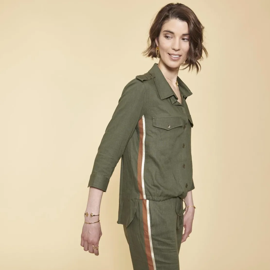 3S. x Le VestiaireChemise en Viscose/Lin avec bandes appliquées kaki