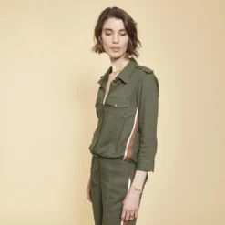 3S. x Le VestiaireChemise en Viscose/Lin avec bandes appliquées kaki
