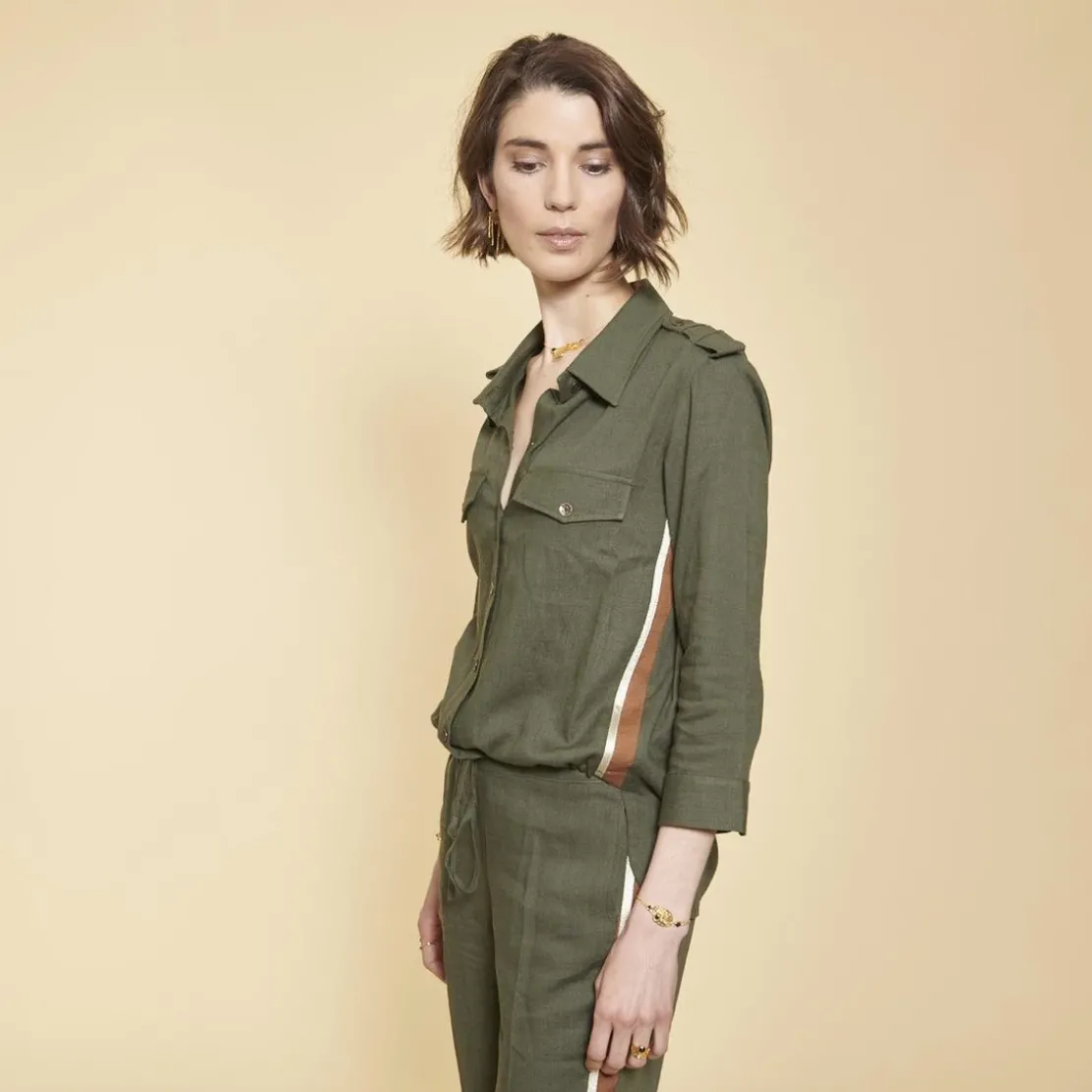 3S. x Le VestiaireChemise en Viscose/Lin avec bandes appliquées kaki