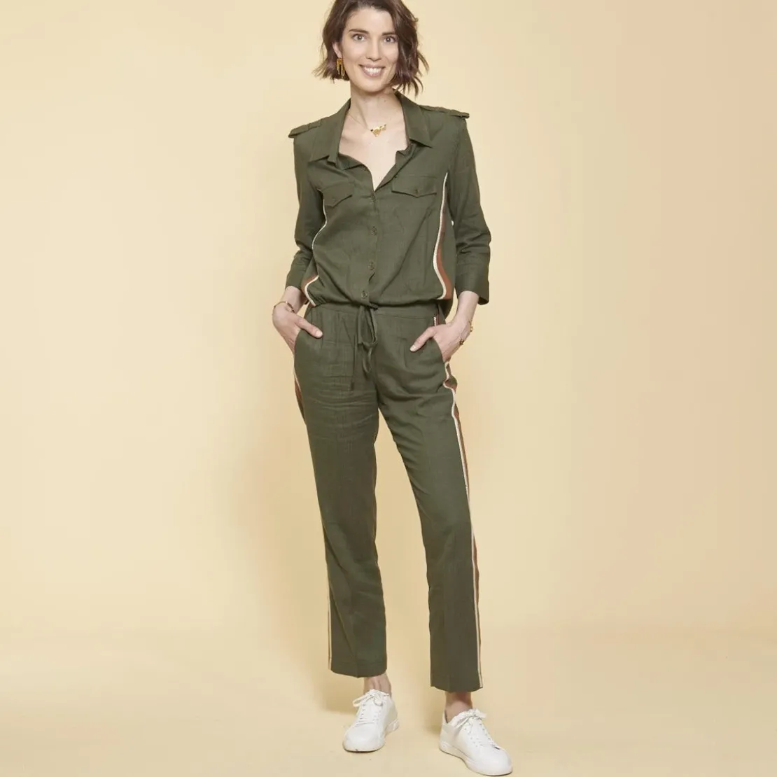 3S. x Le VestiaireChemise en Viscose/Lin avec bandes appliquées kaki
