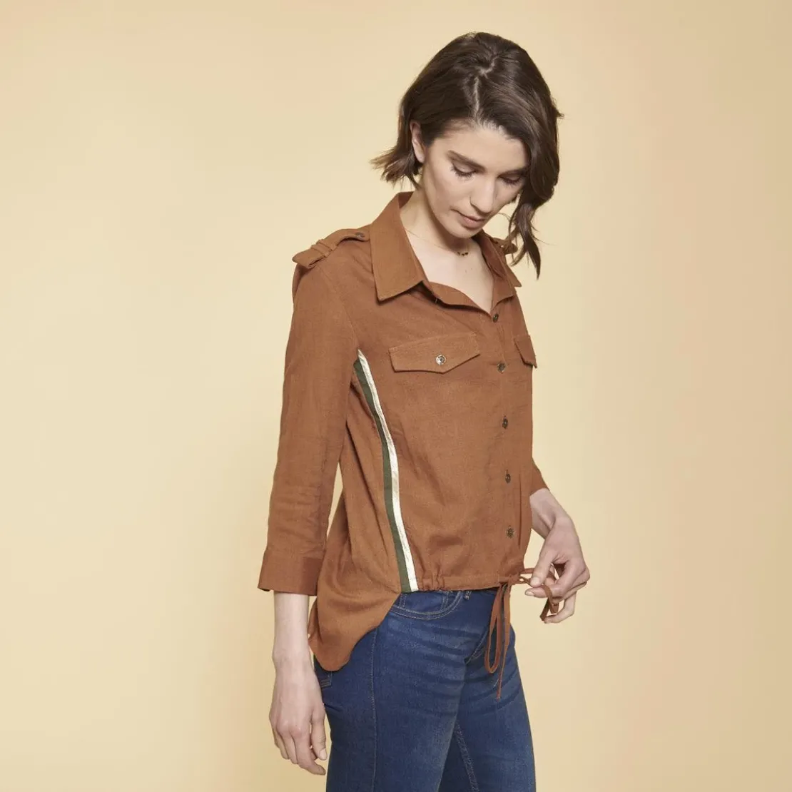 3S. x Le VestiaireChemise en Viscose/Lin avec bandes appliquées camel