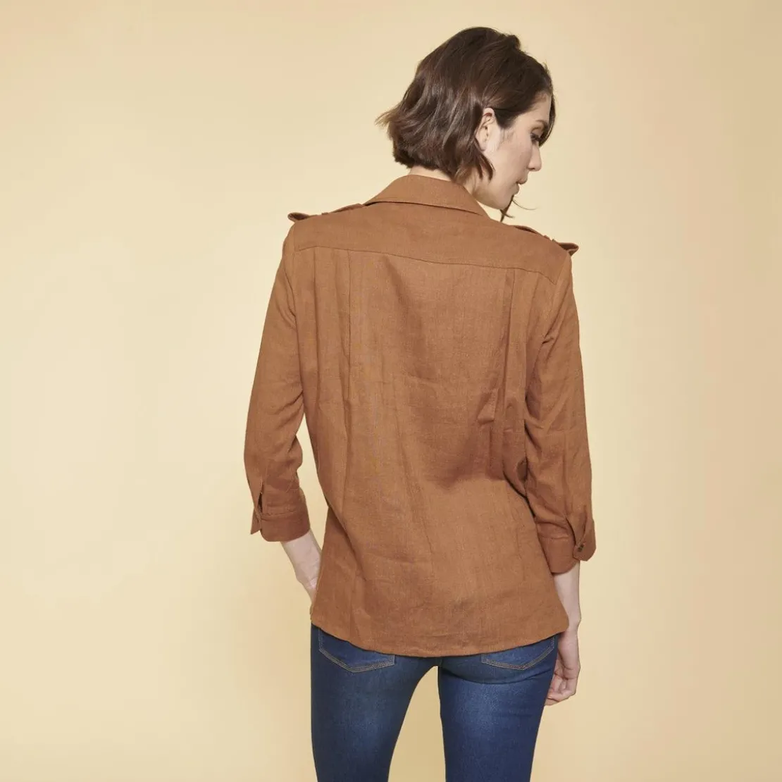 3S. x Le VestiaireChemise en Viscose/Lin avec bandes appliquées camel