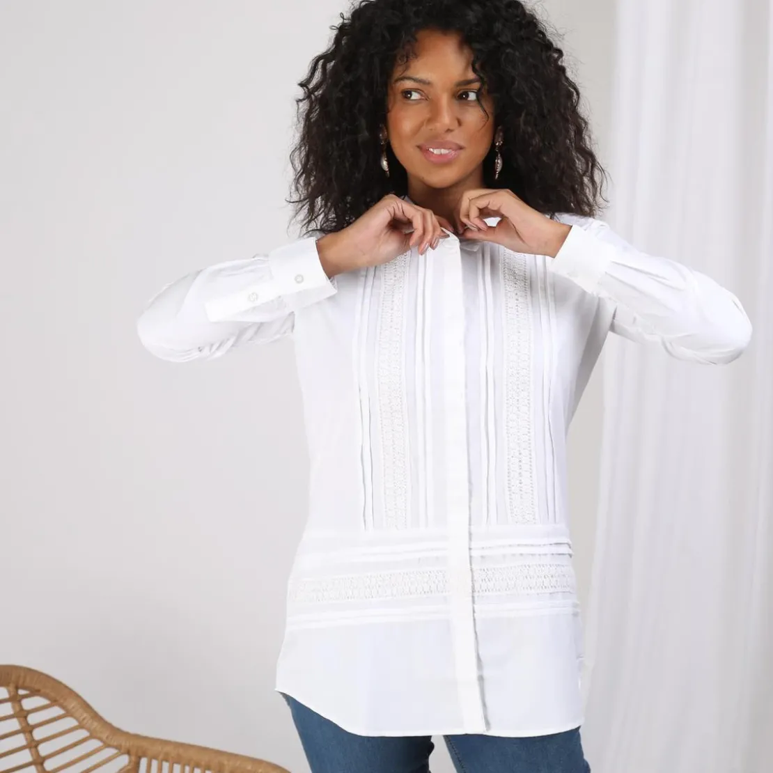 3S. x Le VestiaireChemise manches longues dentelle et jeux de plis femme - Blanc
