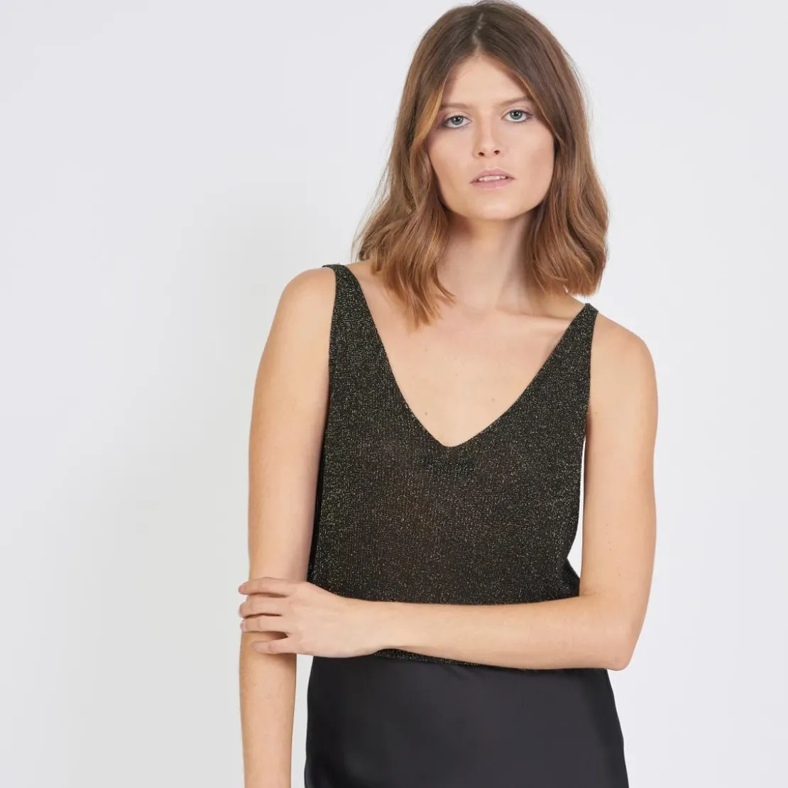 3S. x Le VestiaireDébardeur col V devant et dos lurex Rachel en viscose noir