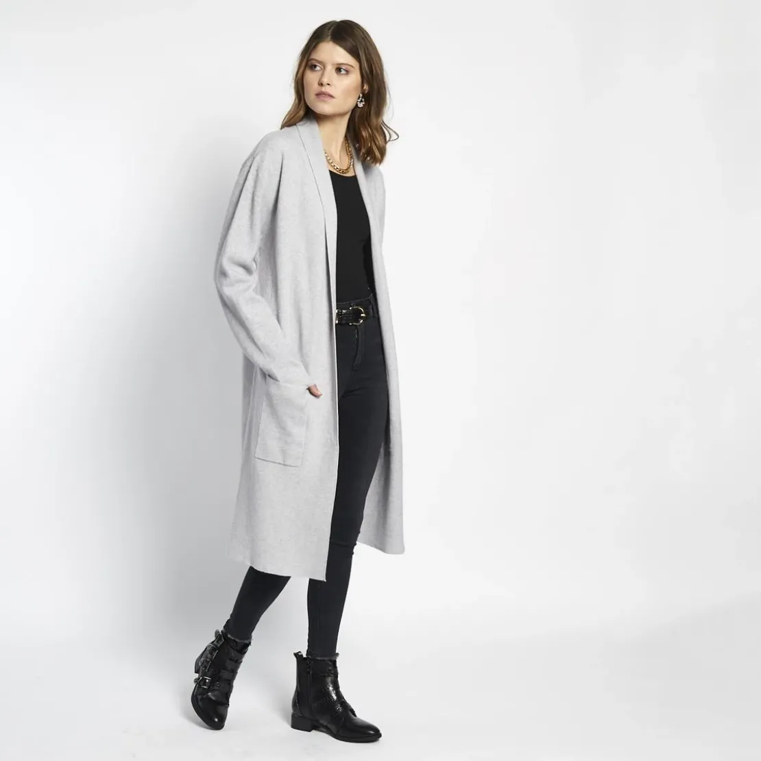 3S. x Le VestiaireGilet long col châle Hardy en viscose gris