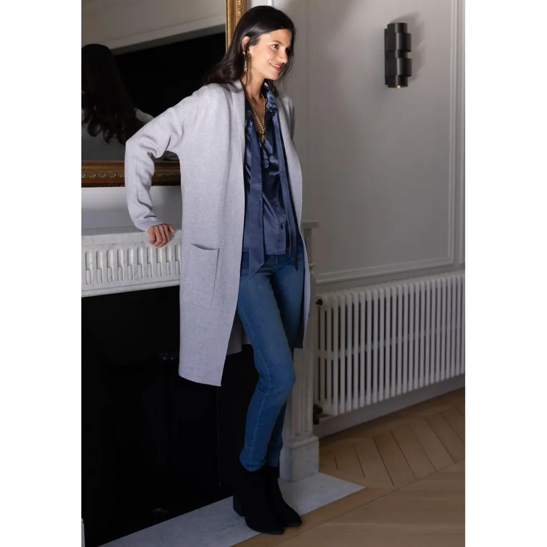 3S. x Le VestiaireGilet long col châle Hardy en viscose gris
