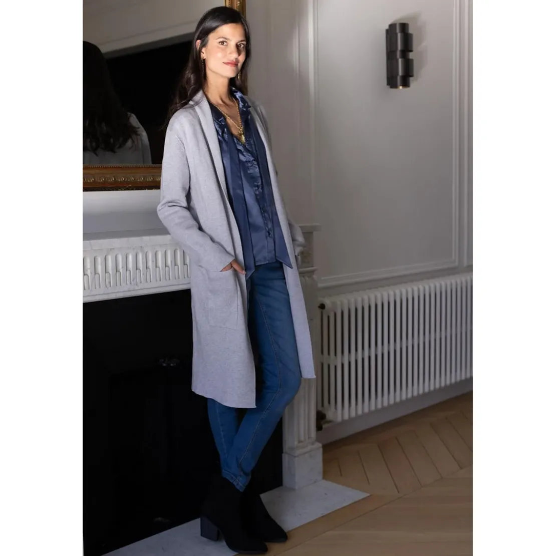 3S. x Le VestiaireGilet long col châle Hardy en viscose gris
