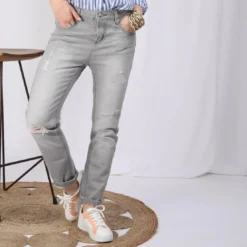 3S. x Le VestiaireJean large 5 poches déchiré devant femme - Denim Gris bleu en coton