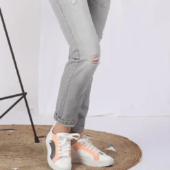 3S. x Le VestiaireJean large 5 poches déchiré devant femme - Denim Gris bleu en coton