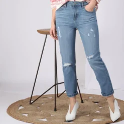 3S. x Le VestiaireJean large 5 poches déchiré devant femme - Blue Denim bleu en coton
