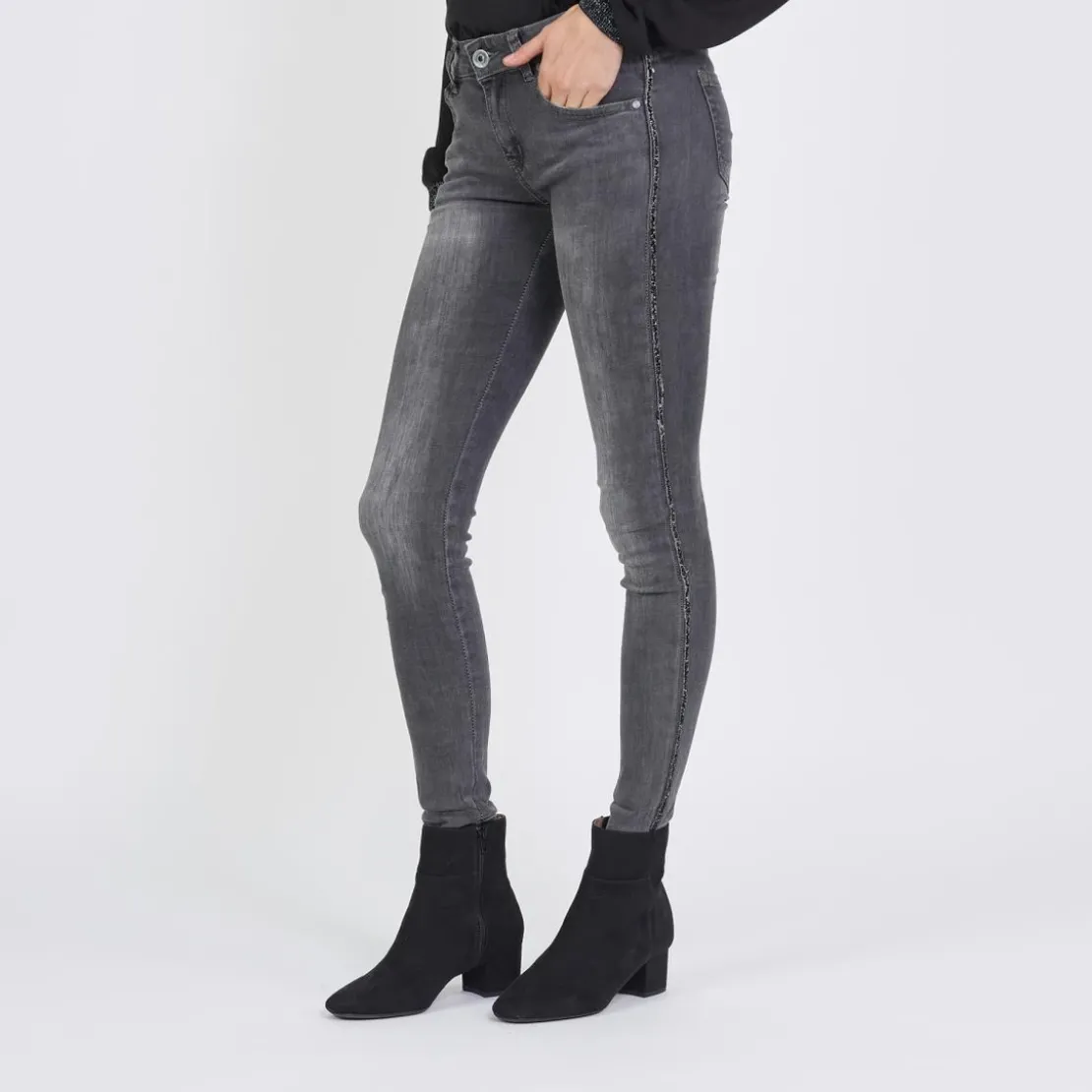 3S. x Le VestiaireJean slim avec bandes strass Emma en coton gris