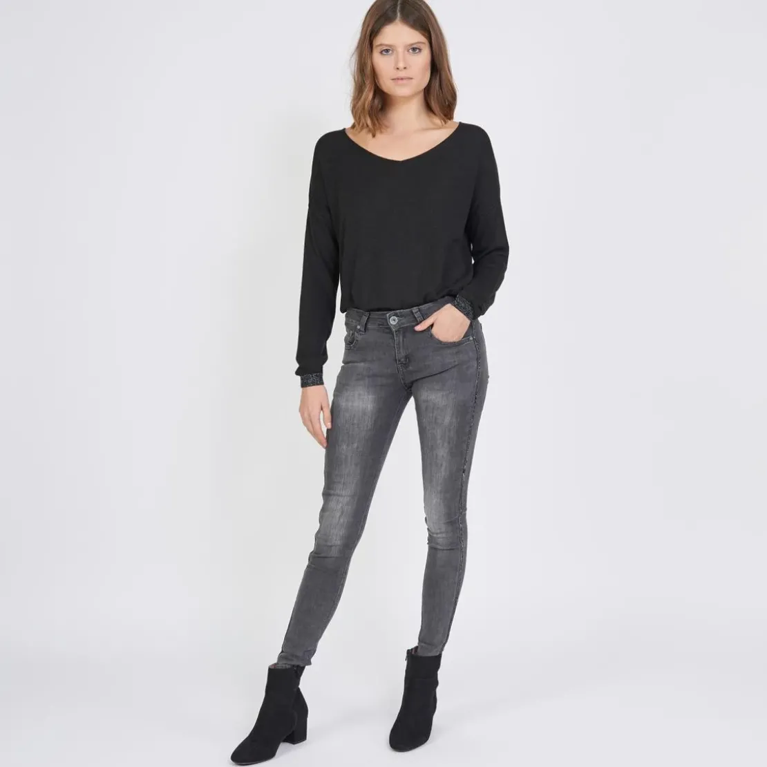 3S. x Le VestiaireJean slim avec bandes strass Emma en coton gris
