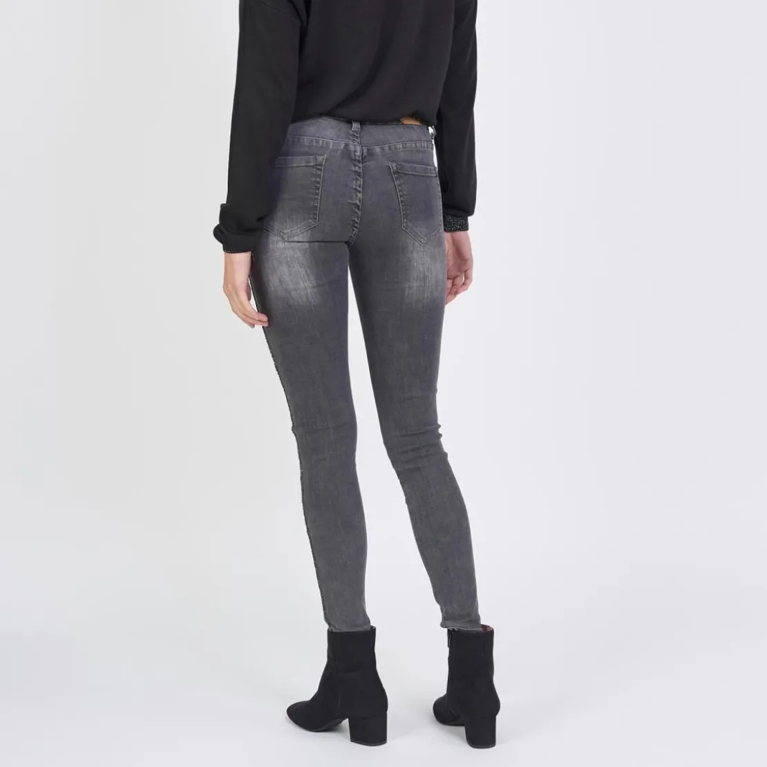 3S. x Le VestiaireJean slim avec bandes strass Emma en coton gris