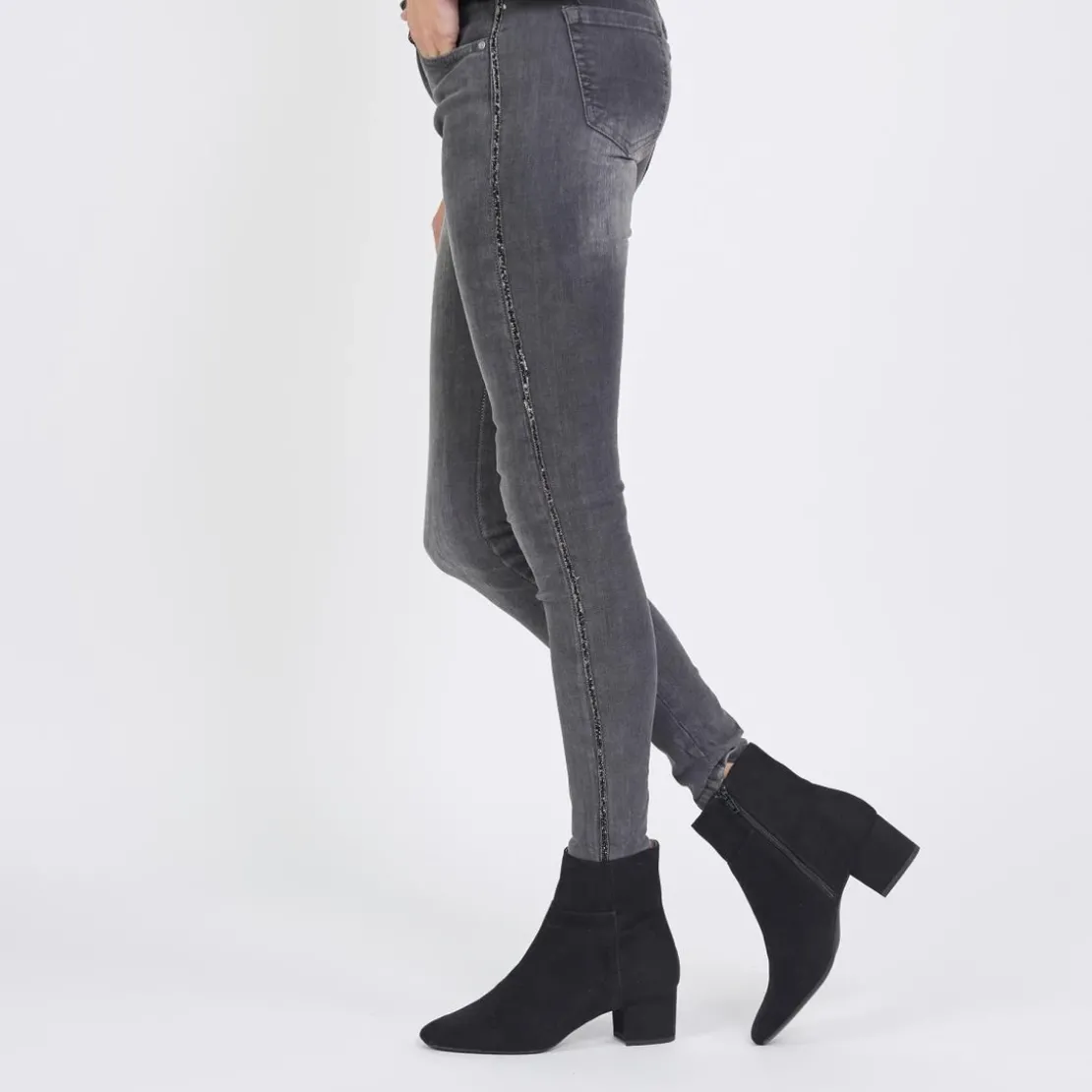 3S. x Le VestiaireJean slim avec bandes strass Emma en coton gris
