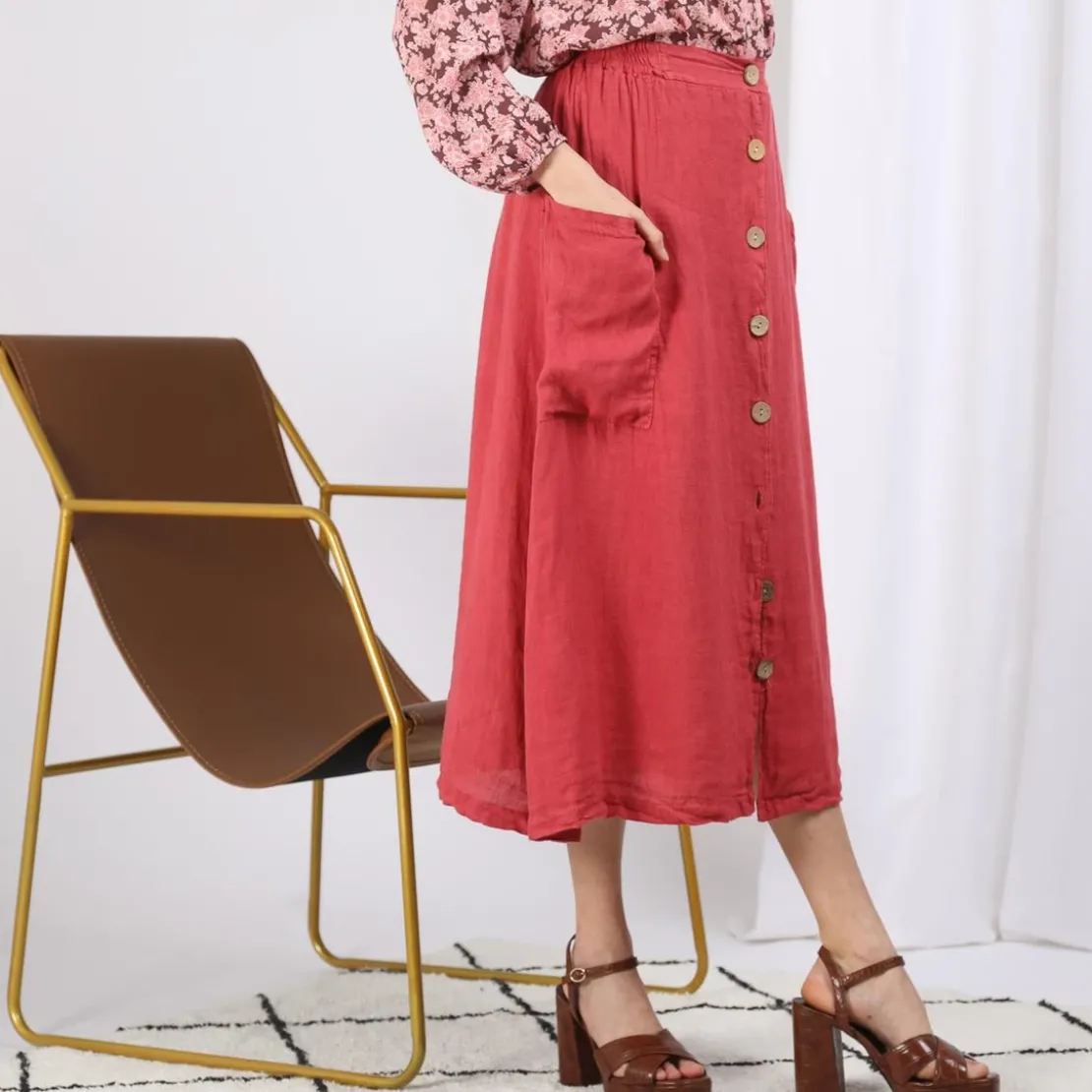 3S. x Le VestiaireJupe boutonnée devant en lin Karol
