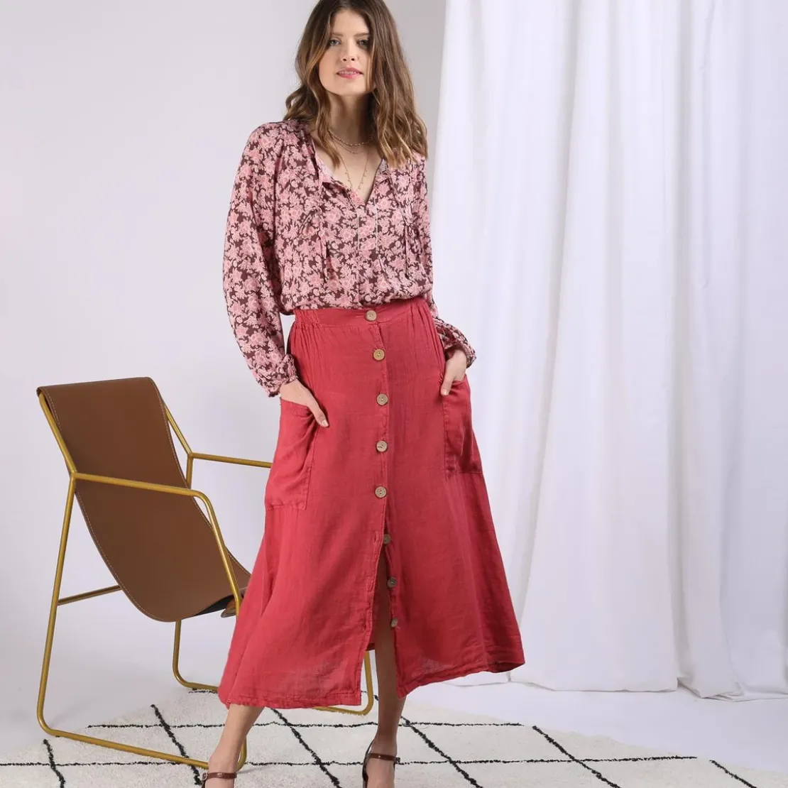 3S. x Le VestiaireJupe boutonnée devant en lin Karol