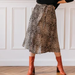 3S. x Le VestiaireJupe mi-longue boutonnée devant léopard Beige en viscose