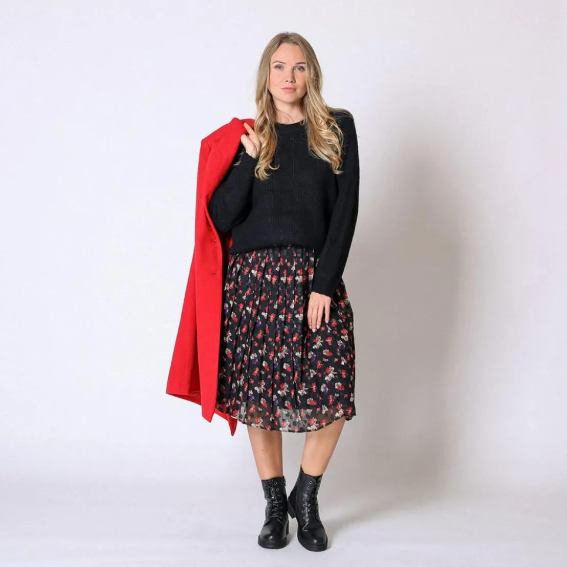 3S. x Le VestiaireJupe plissée midi imprimée Julie noir