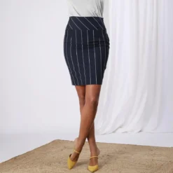 3S. x Le VestiaireJupe rayée coupe crayon doublée fente dos femme - Rayé Bleu Marine