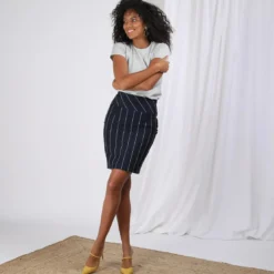3S. x Le VestiaireJupe rayée coupe crayon doublée fente dos femme - Rayé Bleu Marine