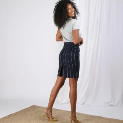 3S. x Le VestiaireJupe rayée coupe crayon doublée fente dos femme - Rayé Bleu Marine