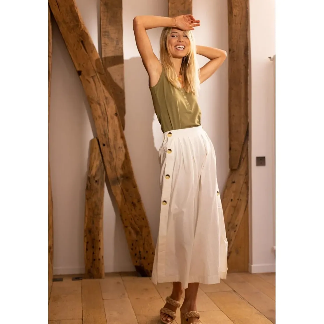 3S. x Le VestiairePantalon large boutonnage coté écru Valère en coton