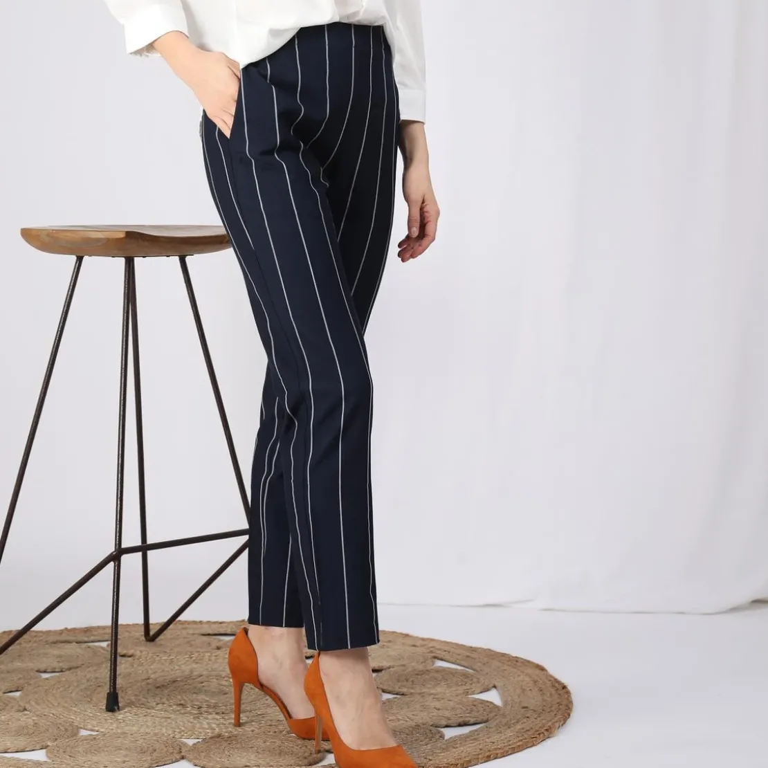 3S. x Le VestiairePantalon rayé taille élastique poches et pinces dos femme - Rayé Bleu Marine