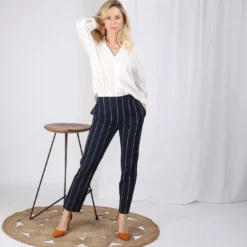 3S. x Le VestiairePantalon rayé taille élastique poches et pinces dos femme - Rayé Bleu Marine