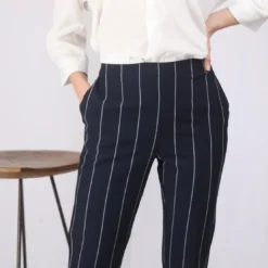 3S. x Le VestiairePantalon rayé taille élastique poches et pinces dos femme - Rayé Bleu Marine