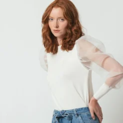 3S. x Le VestiairePull avec manches transparentes Albane en viscose blanc
