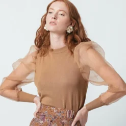 3S. x Le VestiairePull avec manches transparentes Albane en viscose beige