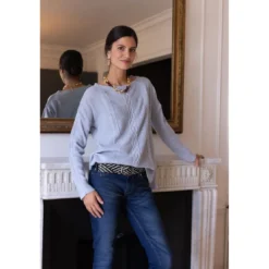 3S. x Le VestiairePull fendu manches longues tressé devant femme - Bleu Clair Chiné multicolore