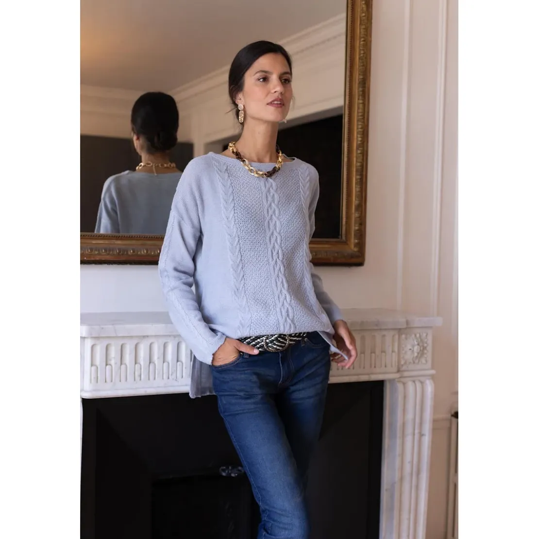 3S. x Le VestiairePull fendu manches longues tressé devant femme - Bleu Clair Chiné multicolore