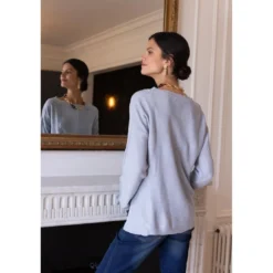3S. x Le VestiairePull fendu manches longues tressé devant femme - Bleu Clair Chiné multicolore