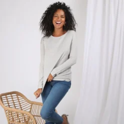 3S. x Le VestiairePull fin asymétrique manches longues femme - Gris Perle