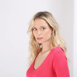 3S. x Le VestiairePull fin col V James en viscose fuchsia