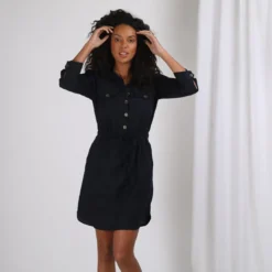 3S. x Le VestiaireRobe chemise en lin resserrée taille bleu marine