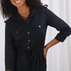 3S. x Le VestiaireRobe chemise en lin resserrée taille bleu marine