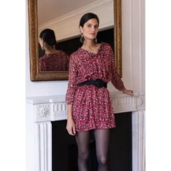 3S. x Le VestiaireRobe col V imprimée léopard Dora rouge