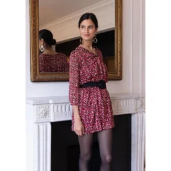 3S. x Le VestiaireRobe col V imprimée léopard Dora rouge