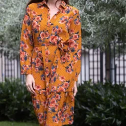3S. x Le VestiaireRobe longue fleur pois Molly moutarde en viscose