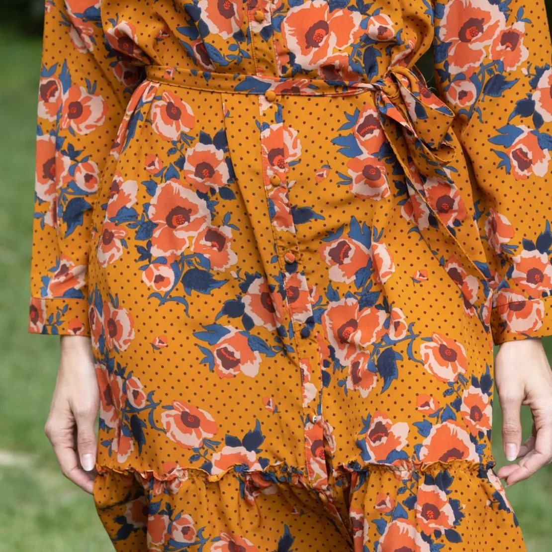 3S. x Le VestiaireRobe longue fleur pois Molly moutarde en viscose