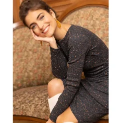 3S. x Le VestiaireRobe mi-longue imprimée col bateau manches longues femme - Imprimé Gris Chiné