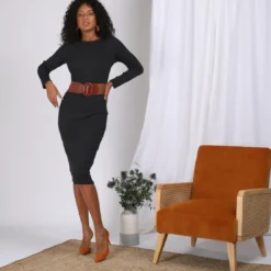 3S. x Le VestiaireRobe mi-longue en tricot col bateau manches longues femme - Gris Anthracite Chiné