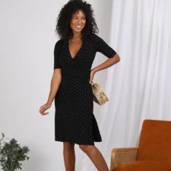 3S. x Le VestiaireRobe à pois manches aux coudes col V croisé femme - Pois Écru