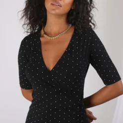 3S. x Le VestiaireRobe à pois manches aux coudes col V croisé femme - Pois Écru